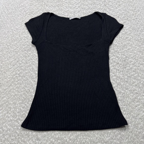 Reformation Jeans Shirt Womens Small Black Ribbed Square Neck Cap Sleeve Stretch - Picture 1 of 6
